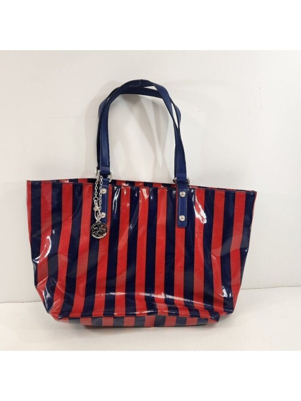 DKNY Striped Tote Red Blue Donna Karan New York Purse Bag Vinyl